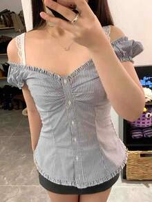 Women's Button Down Lace Top V Neck Ruffled Sexy Low Cut Babydoll Top Cute Slim Fit Casual Work Blouse - 藍色 - 查看 5
