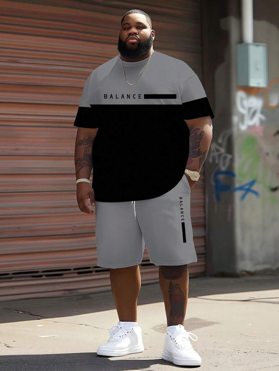 Men's Street Casual Sports Set - "Minimalist Contrast Color BALANCE Plaid" Pattern Design, Polyester Knit Fabric, Round Neck, Drawstring Shorts, Pockets, Regular Fit, Suitable For Plus Size - Multicolor - View 1