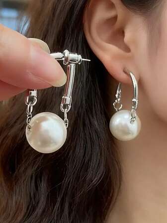 1 Pair Fashionable High-End Faux Pearl Chain Front & Back Earrings