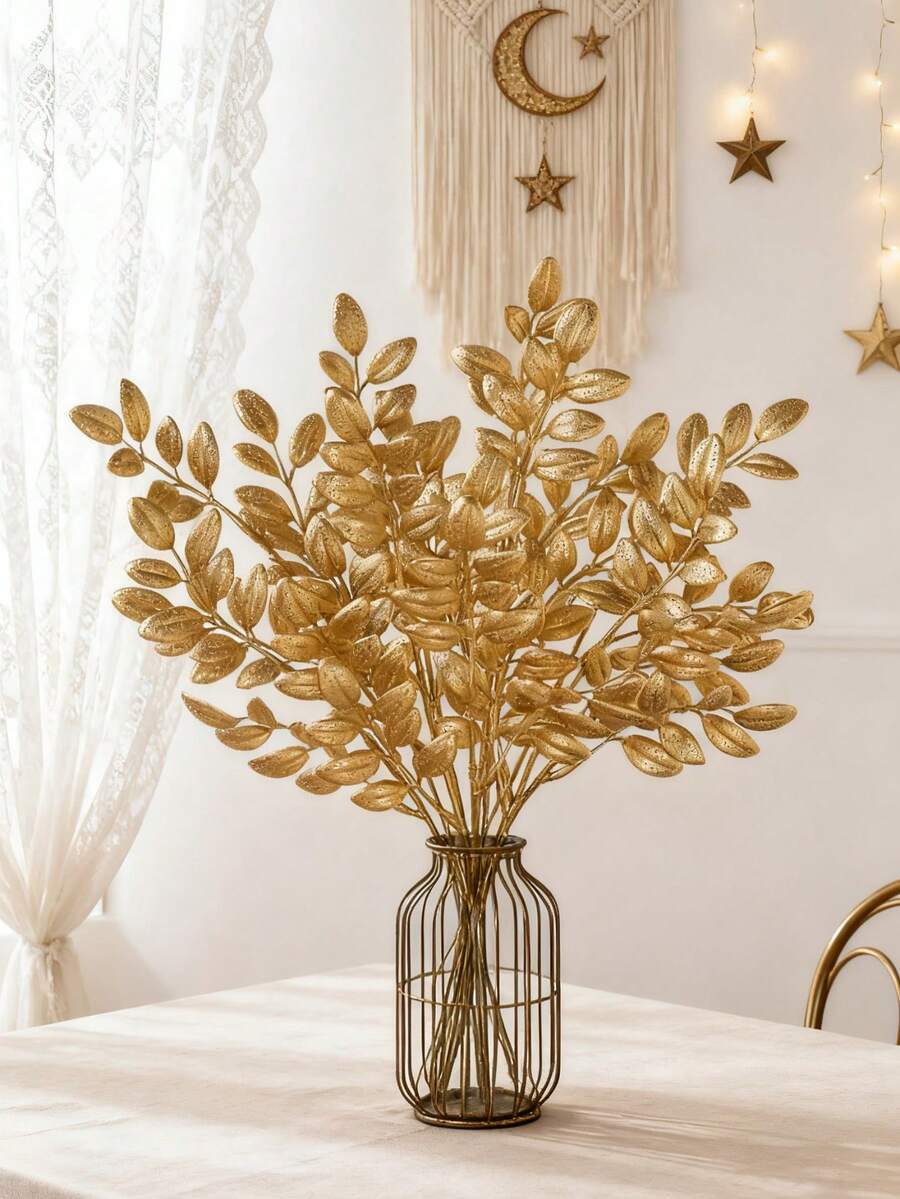 1/3/6pcs Gold Artificial Leaf Sticks Fake Plants Golden Plastic Leaf Fake Rose Leaves Faux Plant Bushes Artificial Plants For Indoor Outdoor Home Hotel Party Wedding Decoration Table Centerpieces DIY Crafts - Gold - View 1