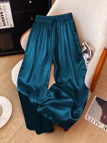 1pc Solid Color Woven Fabric Drawstring Waist Pants, Suitable For Holiday, School, Party, Airport, Stage And Concert Wear, Autumn/Winter With Shiny Finish Spring - Lake Blue - View 7