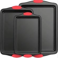 3PCS Carbon Steel Non-Stick Baking Pan | Commercial Restaurant Grade, Double-Sided Non-Stick Coating, Luxurious & Stylish Design With Red Silicone Handle - Kitchen Bakeware - màu đen - Xem 8