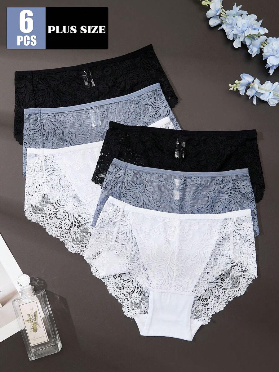 6pcs/Pack Plus Size Women's White Lace Panties - Sexy & Comfortable Underwear - Multicolor - View 1