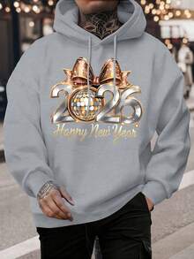Sudadera con capucha para hombre "Feliz Año Nuevo 2026" - Sudadera dorada y gráfica, corte regular, abrigo cálido de invierno, ropa casual urbana para fiestas de Navidad y Año Nuevo, ropa de Año Nuevo, ropa de fiesta, diseño moderno, tela duradera, estilo urbano, adultos jóvenes - Gris - Ver 1