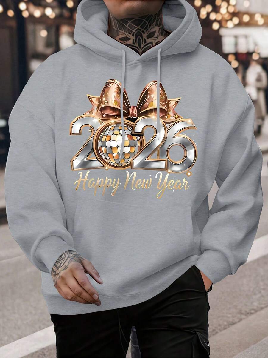 Sudadera con capucha para hombre "Feliz Año Nuevo 2026" - Sudadera dorada y gráfica, corte regular, abrigo cálido de invierno, ropa casual urbana para fiestas de Navidad y Año Nuevo, ropa de Año Nuevo, ropa de fiesta, diseño moderno, tela duradera, estilo urbano, adultos jóvenes - Gris - Ver 1