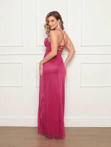 Long Party Dress With Corset, High Slit, And Draped Neckline. - Rose Red - View 2