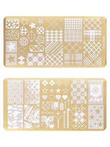 1/2/4 金色格子牛仔图案美甲印花板 圣诞格子不规则蕾丝星心美甲模板 学院风不锈钢模板 美甲工具 可重复使用 DIY 美甲用品 - 金色 - 查看 17