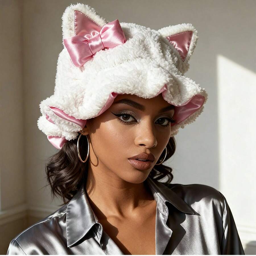Update Kitty Teddy Bonnet – Adjustable Satin-Lined Hair Bonnet With Cute Cat Ears, No-Frizz Curl Protection, Comfortable & Stylish Daily Hair Care, Durable Halloween Cute Sleep Cap - kitteearbonnet - 查看 1