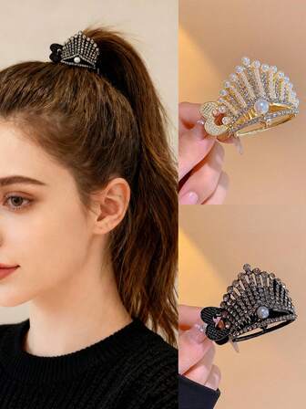 1/2pcs Women's Shiny Crystal Crown Shaped Hair Claw, Strong Support For High Ponytail, Suitable For Daily Use Hair Accessory Elegant Hair Clips Fashion Hair Clutch