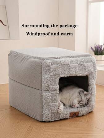 1 st grått och vitt schackbrädesmönster husdjursbo med avtagbar kudde, fleecefodrad vindtät varm vikbar design, stabilt stöd förtjockad mjuk sovbädd för hundar och katter upp till 11 kg, mysig sovsäck för inomhusbruk