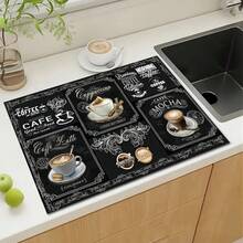 1pc Black Coffee Bar Printed Drainage Mat, Kitchen Counter Dish Drying Pad, Multipurpose Coffee Maker Utensil Mat