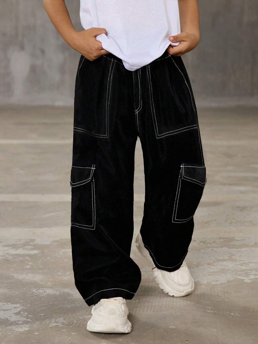 1pc Young BoyFashion Minimalist Versatile Comfortable Elastic Waist Cargo Pants - Black - View 1