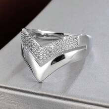 1pc Minimalist V-Shaped Line Design Cubic Zirconia Inlaid Women Fashion Ring, Casual Gift - Multicolor - View 9