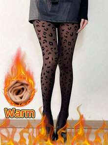 1 Pair 80g/200g/300g Women's Sexy Black Translucent Leopard Print Leggings, Plus Size Leggings, Autumn And Winter Business And Sexy Pantyhose, Black Sexy Transparent Stockings, Plus Size Pants, Warm Leggings And Pantyhose Thermal Lined Tights Women(Suitable For -5~25°C)