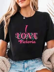 Women's Black T-Shirt - Stretch Polyester/Spandex Blend, Casual Everyday Tee - Victoria Day Graphic Letter Top - Machine Washable Women's Tee, Ladies' Tees, Seasonal Fashion, Lettering, Comfortable Fit, Relaxed Wear, Stylish Lettering, Durable Construction, Short Sleeve Tee, Weekend Wear - 黑色 - 查看 1