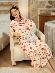 RS Pajama1 蕾丝圆领长袖撞色蕾丝浪漫优雅花卉印花睡裙 - 米色 - 查看 6