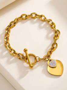 1件时尚百搭优雅女士不锈钢经典心形水晶唇链钛钢镀金手链，适合日常、约会、度假、婚礼、节日佩戴，生日礼物、母亲节、情人节礼物。 - 金色 - 查看 3