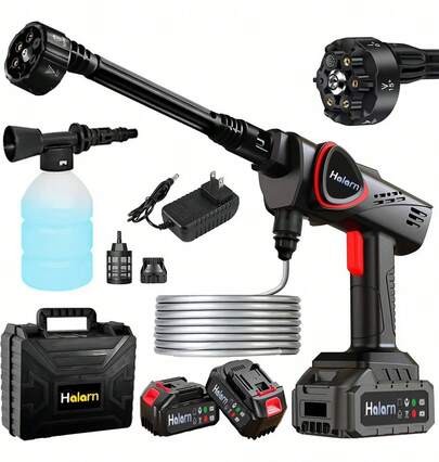 Hidrolimpiadora portátil inalámbrica 6 en 1, equipada con dos baterías. Máquina de lavado de coches inalámbrica para la limpieza doméstica y el lavado de vehículos. Adecuada para limpiar coches, jardines, balcones, puertas y ventanas. Compatible con baterías, cargador, depósito de detergente, manguera y función de espuma. Pistola de limpieza a alta presión. Hidrolimpiadora con depósito de agua