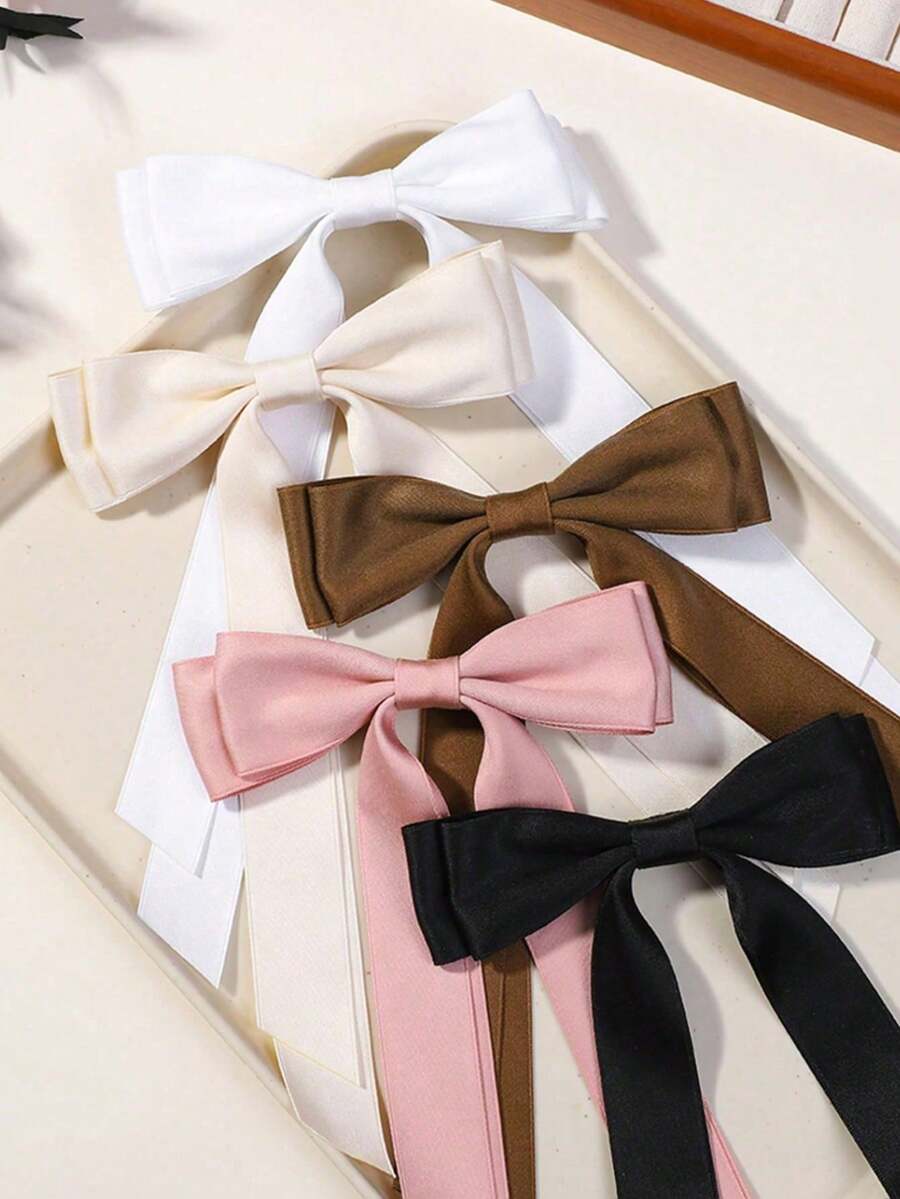 5 PCS Silky Satin Hair Bows Solid Color Bow Hair Clip Black Bow,White Bow, Pink Bow Cute Hair Ribbon Ponytail Holder Accessories Slides Metal Clips Hair Bow For Women Girls Hair Accessory, Claw Clips, Hair Barrettes - Multicolor - View 1