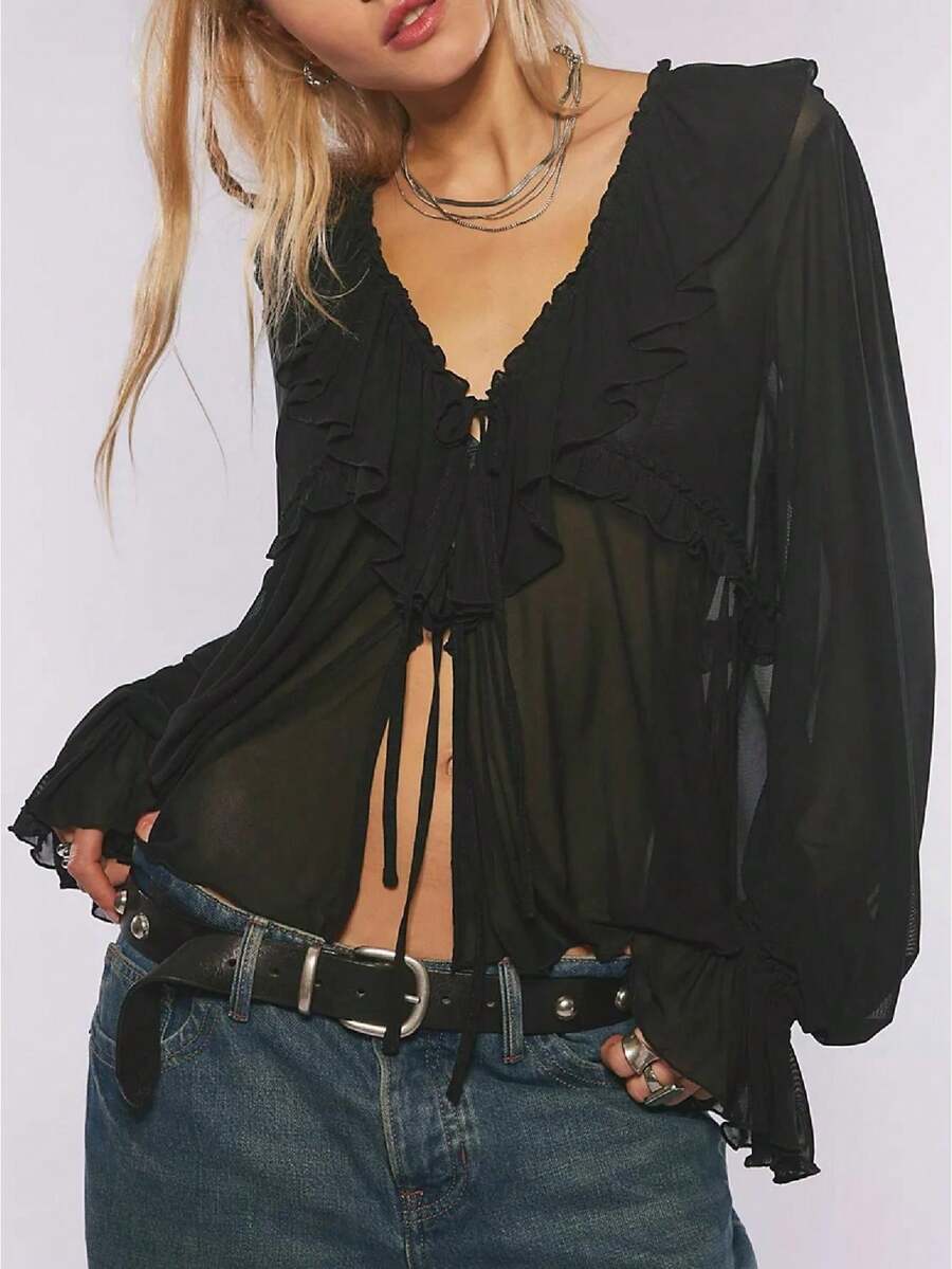 Women Sheer Loose Top Y2k V Neck Solid Color Poncho Tops Fairy Grunge Bat Sleeve Mesh Oversized Poncho Blouses - màu đen - Xem 1