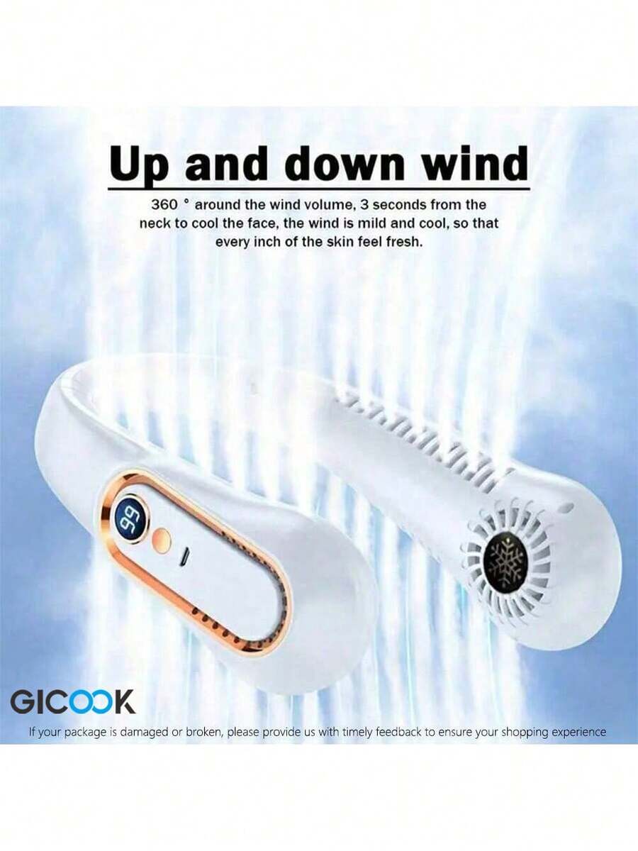 Hanging Neck Fan Usb Portable 5-Speed Adjustable With Digital Display Mini Portable Small Lazy Person Hanging Neck Neck, 7h Endurance Leafless Rechargeable 360° Adjustable Refrigeration Air Conditioning Outdoor Student Mute Large Wind Fan Cooling Artefact Gift/Valentine's Day Gift/Girlfriend/Easter/Boys/Girls/Multi-Color Birthday Gift - 白色 - 查看 1
