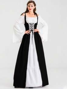 文艺复兴时期中世纪女式吊带露肩喇叭袖连衣裙，适合角色扮演活动和主题派对，面料略有弹性。 - 黑色 - 查看 19