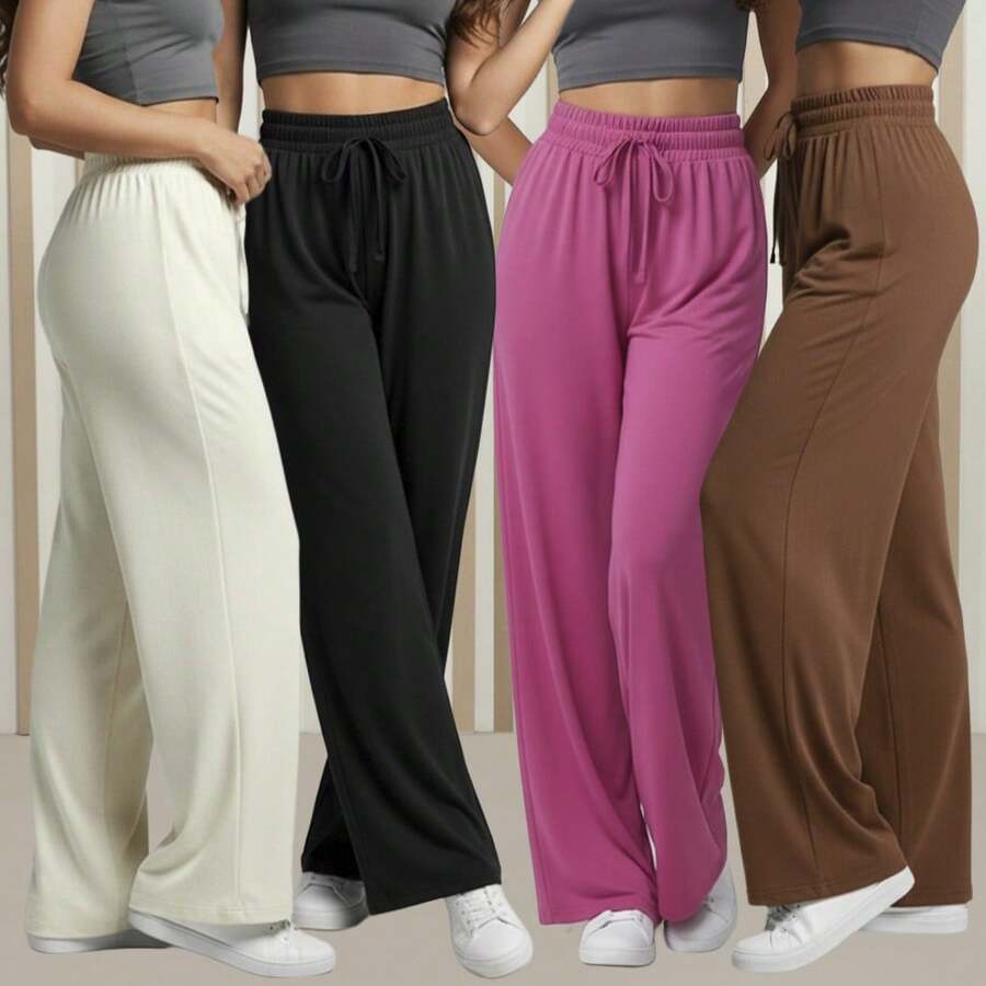 Comfortable Women's Wide-Leg Sweatpants, Soft, Structured Fit, Casual, Basic, Plain, With A Faux Drawstring. - Óxido marrón - Ver 1