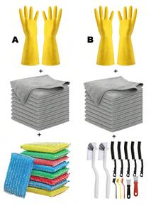 Household Cleaning Set, Non-Slip & Protective Rubber Gloves, Kitchen Cleaning Sponge Cloth, Kitchen Cleaning Supplies, Essential For Kitchen, Bathroom, Living Room, Toilet, Window Sills, Faucets, Stove Gaps, Home Cleaning Household Items (Random Delivery) - Yellow - View 3