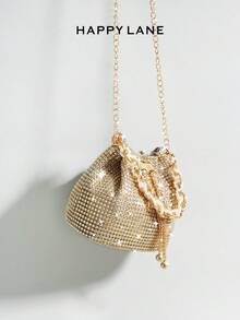 2025 Shiny Sequin & Rhinestone Mini Chain Drawstring Evening Bag, Luxury Sparkling Clutch, Rhinestone & Pearl Handbag, Elegant Chain Shoulder Bag, Suitable For Wedding Bride, Gala, Party, Ideal For Party Girls - Gold - View 4