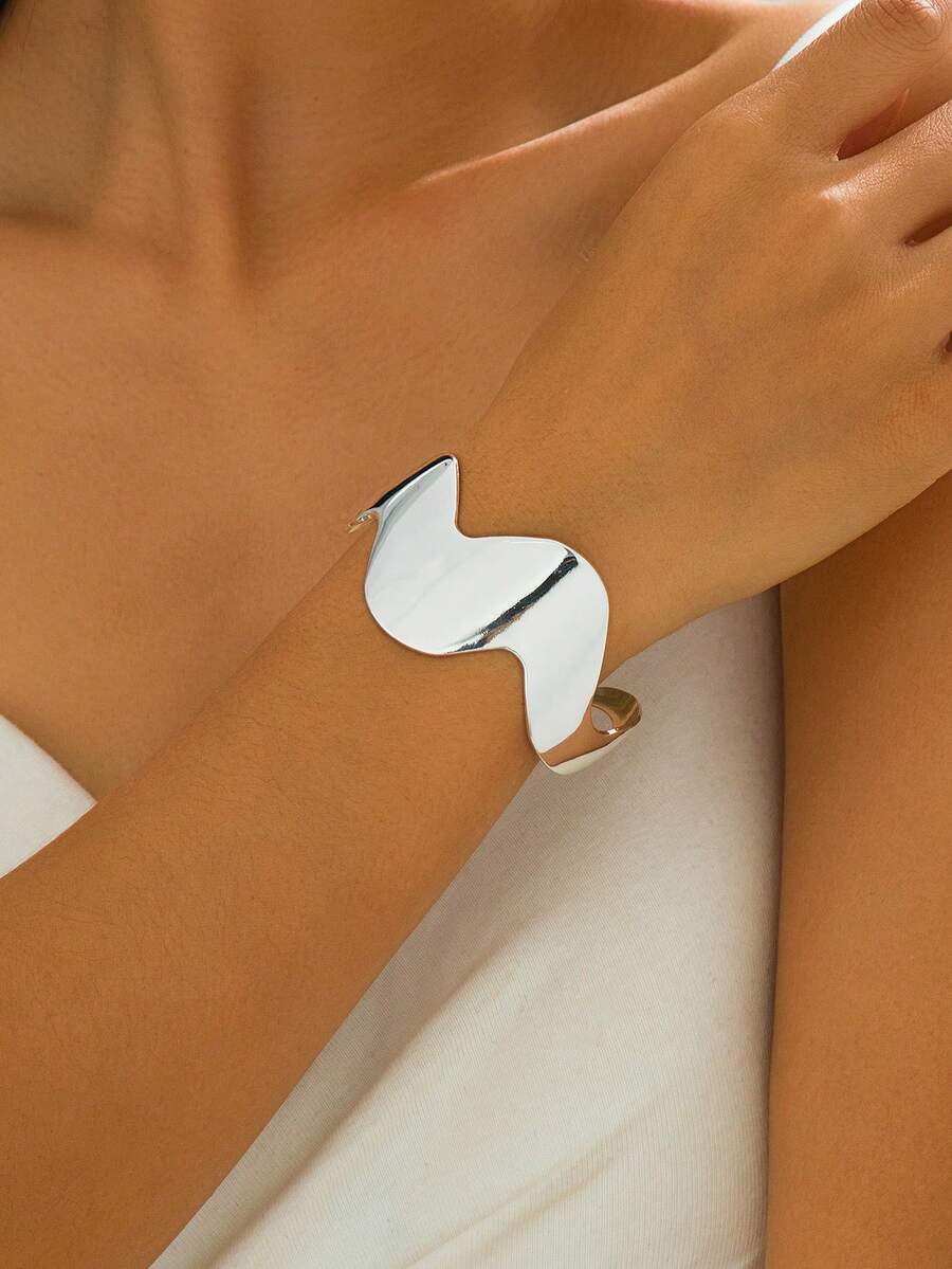 1 pieza Brazalete abierto de lujo con textura ondulada metálica y geométrica para mujeres - Plateado - Ver 1