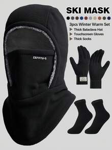 3pcs Winter Warm Set:Thick Balaclava Hat,Touchscreen Gloves,Thick Socks,Suitable For Ski,Mountaineering,Camping,Running,Cycling,Outdoor Sports,Work - Black - View 2