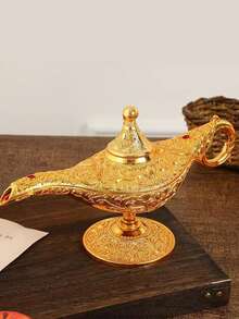 1pc Golden Wishing Lamp Home Decor Ornament, Classic European Style Zinc Alloy Incense Burner Figurine, Suitable For Hotel, Living Room, Bedroom, Festive Events, Holiday Gifts, Birthday Presents, Solid Incense, Movie Props, Etc. - 金色 - 查看 3