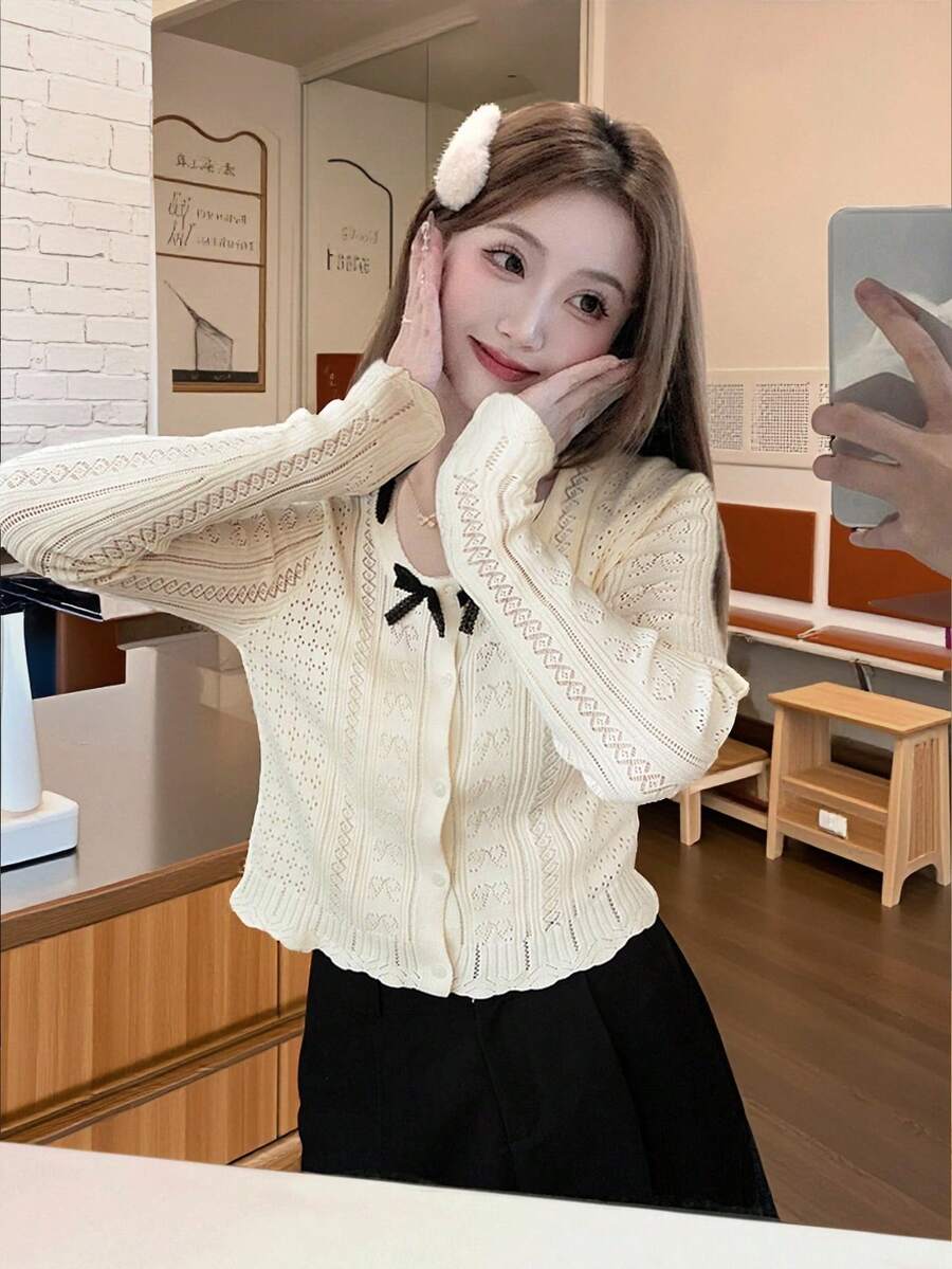 Autumn/Winter New Sweet Frill Trim Bow Crew Neck Cropped Knit Top - Apricot - View 1