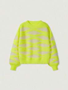 FOR BEAUTY Autumn/Winter New Round Neck Wave Striped Contrast Color Long Sleeve Knit Sweater, Fashionable Loose Fit Comfortable, Lantern Sleeve Pullover Sweater, Casual Daily Wear, Slouchy, Warm And Cozy, Yellow Top, New Year