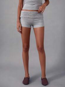 Studded Foldover Shorts For Women Rivet Low Rise Mini Lounge Sleep Pj Micro Shorts Comfy Fold Over Shorts Bottoms - Grey - View 9