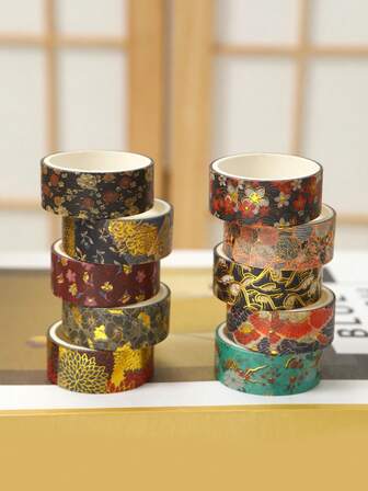 10 rollos/caja, cinta washi con patrón de flores botánicas vintage, diseño de estampado en caliente y estampado en plata, patrón exquisito de estilo chino, cinta decorativa para manualidades de sobres, tarjetas de felicitación y scrapbooking