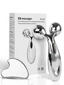 3D面部按摩滚轮和不锈钢刮痧板套装，面部塑形工具，有效消除浮肿和泛红，金属护肤按摩器，完美适用于晨间护肤、运动后恢复和旅行中的自我护理，尤其适合易长痘肌肤、忙碌的职场人士和护肤新手，情人节和母亲节送礼佳品。 - 銀色 - 查看 1