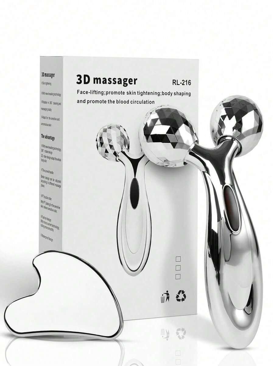 3D面部按摩滚轮和不锈钢刮痧板套装，面部塑形工具，有效消除浮肿和泛红，金属护肤按摩器，完美适用于晨间护肤、运动后恢复和旅行中的自我护理，尤其适合易长痘肌肤、忙碌的职场人士和护肤新手，情人节和母亲节送礼佳品。 - 銀色 - 查看 1