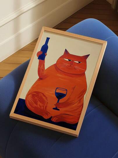 Orange lat katt/blå-orange kontrasterande tecknad dekorativ målning, krämig stil + amerikansk retro + glansigt material + vertikal stor storlek, söt detalj av katt som håller vinflaska, skapar avslappnad atmosfär + väggdekoration, vardagsrumssoffa bakgrundsvägg / matsal / sovrum mjuk dekorationsmålning