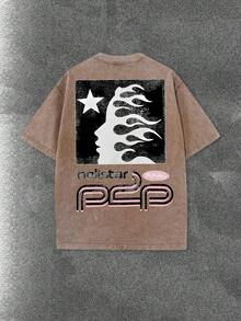 Worn-Out Washed Men's Short-Sleeved Shirt, Featuring A Pink Meteor Flame Human Face Silhouette Pattern In Letters On A Double-Sided Print, Retro Casual Loose Men's T-Shirt, Comfortable And Versatile Men's Clothing - Cà phê nâu - Xem 3