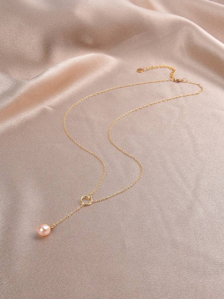 1 chiếc vòng cổ chữ Y bằng ngọc trai tự nhiên mạ vàng 18K, quà tặng cho Ngày của Mẹ, Ngày lễ tình nhân, Sinh nhật - Hồng - Xem 1