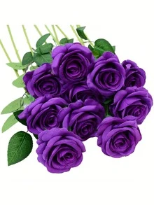 10pcs Burgundy Artificial Roses, 19.7 Inch Realistic Bridal Bouquet, Velvet Fake Flowers, Suitable For Room Decor, Halloween Decoration, Artificial Flower Decor, Wedding Party, Home Decoration, Indoor & Outdoor, Vase Filler - Purple - View 4