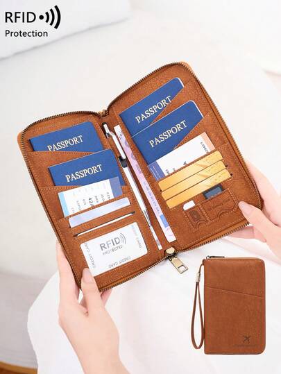  CHARM INFINITE Nueva bolsa para pasaporte con bloqueo RFID, puede contener múltiples pasaportes, bolsa de almacenamiento para tarjetas de documentos y boletos de viaje, material suave con cremallera, cartera larga para pasaporte, correa desmontable para la muñeca, regalo del Día de San Valentín, enviar a la esposa o novia