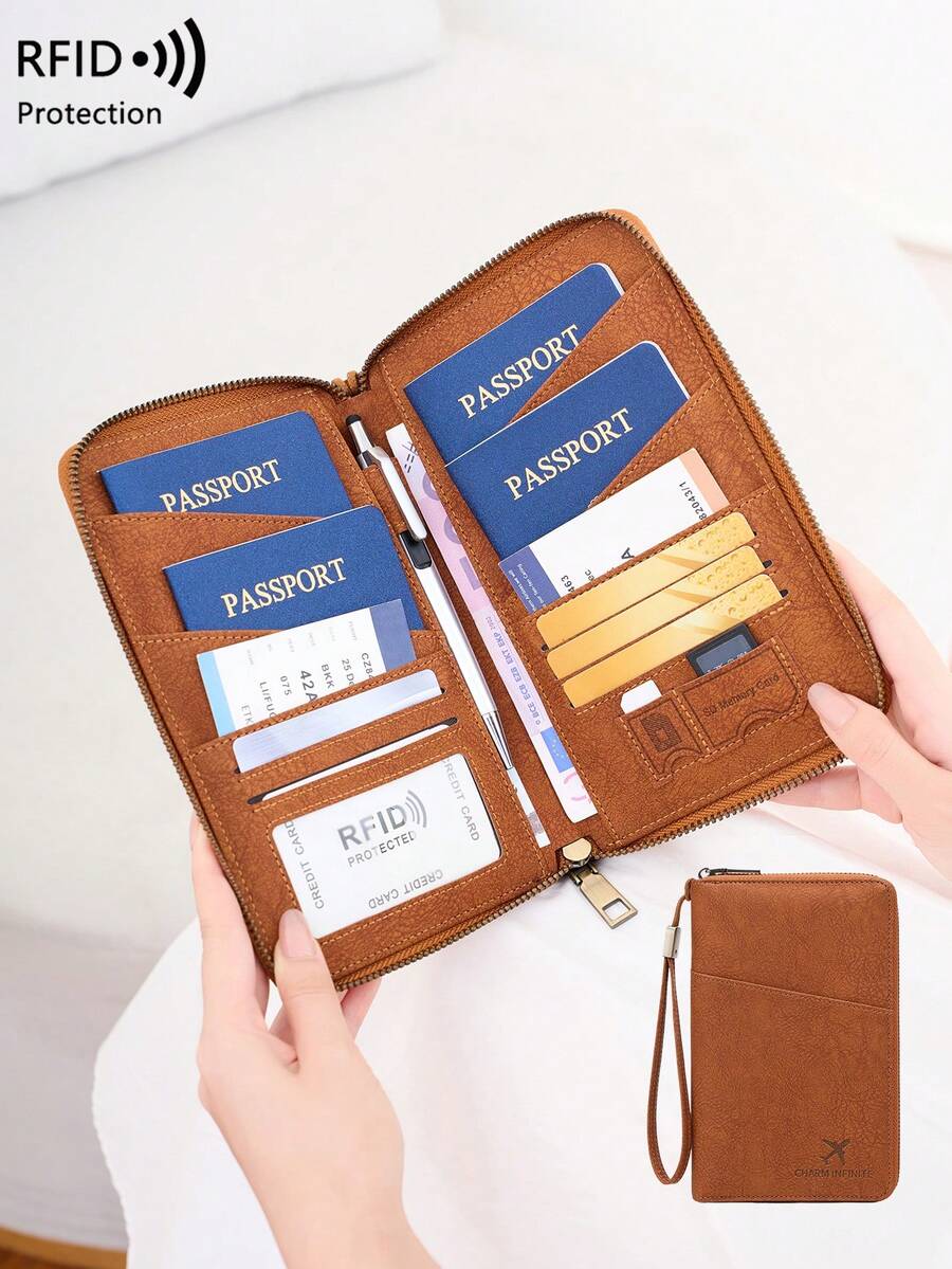 CHARM INFINITE 新款 RFID 防盗刷护照夹,可容纳多本护照,旅行证件收纳包,柔软材质拉链长款护照夹,可拆卸腕带,情人节送给妻子或女友的礼物 - 棕色 - 查看 1