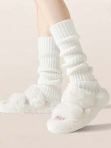 1/5 双女士护腿套，白色针织保暖小腿袜，适合秋冬季节。女士堆堆袜，保暖，袜口防漏气，粗针织细节，柔软保暖，时尚叠穿，秋冬季必备。 - 彩色 - 查看 5
