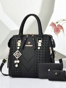 优雅刺绣女士手提包 - 配有可拆卸肩带、拉链封口，湖蓝色/白色/红色/黑色，不易褪色，金色五金配件，日常优雅之选 | 手提包 | 可拆卸肩带包 - 黑色 - 查看 2