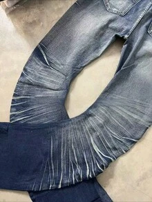 Retro Vintage Ripple Washed Men's Flared Jeans, Stacked Stretch Bootcut Fit - 深色水洗藍 - 查看 6