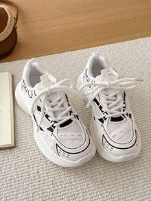 撞色纯色学院风休闲运动鞋，四季皆宜，情侣款，厚底厚底运动鞋，皮革与网布拼接，白色透气百搭时尚网布鞋，户外运动跑步鞋 - 白色 - 查看 6