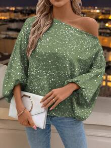 Keke Bloomly Women's Brown Loose Romantic Elegant Asymmetric Shoulder Design Lantern Sleeve T-Shirt, A Unique Shiny Top Made Of Small Reflective Sequins, Suitable For Daily Outings, Parties, Back To School Season, And Gatherings, Fashionable And Versatile Women's Top, Women's Valentine's Day - Green - View 6