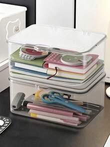 1pc Transparent Acrylic Desktop Storage Box With Lid, Dust-Proof Stationery Organizer, Office Desk Supplies Storage Box, Multipurpose Storage Container For Home And Office Use, Also Suitable For Storing Cosmetics, Makeup Tools, Face Masks, Jewelry, Hair Accessories, Room Decor, Back To School Supplies, And Bathroom Items. - Clear - View 5